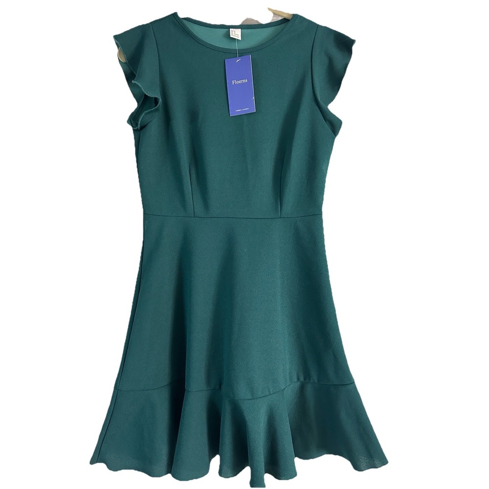 NWT Christmas Women's Ruffle Hem Emerald Green Flutter Sleeve Dress